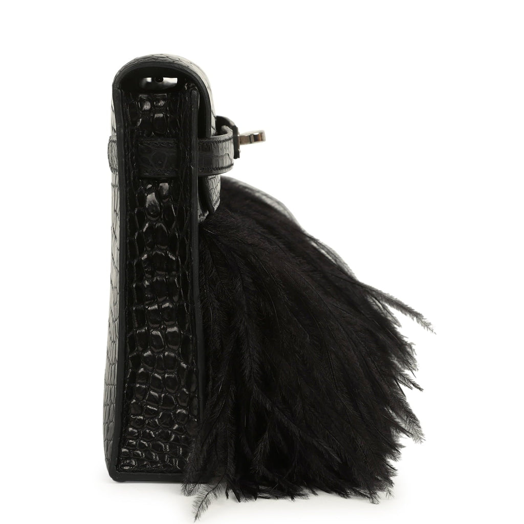 Hermes Kelly Elan Foile Black Matte Porosus Crocodile and Ostrich Feathers Palladium Hardware