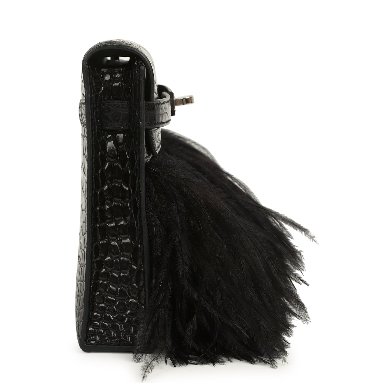 Hermes Kelly Elan Foile Black Matte Porosus Crocodile and Ostrich Feathers Palladium Hardware