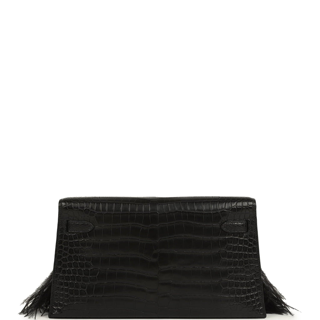 Hermes Kelly Elan Foile Black Matte Porosus Crocodile and Ostrich Feathers Palladium Hardware