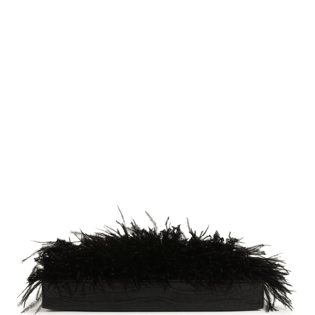 Hermes Kelly Elan Foile Black Matte Porosus Crocodile and Ostrich Feathers Palladium Hardware