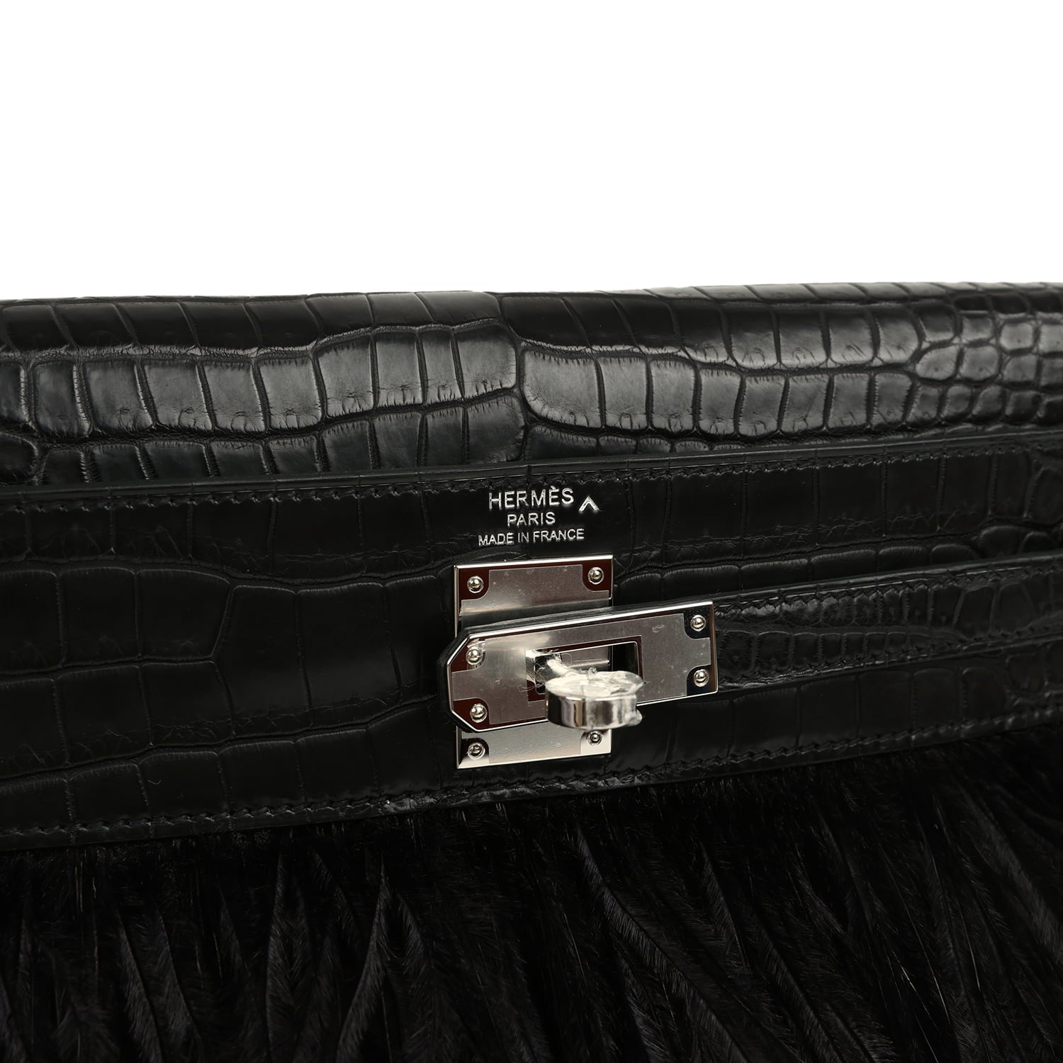 Hermes Kelly Elan Foile Black Matte Porosus Crocodile and Ostrich Feathers Palladium Hardware