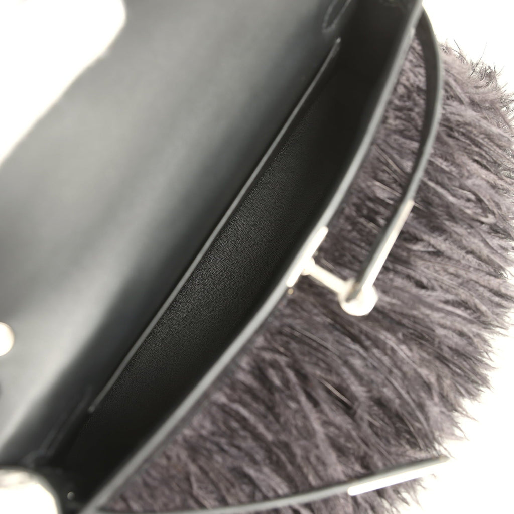 Hermes Kelly Elan Foile Black Matte Porosus Crocodile and Ostrich Feathers Palladium Hardware