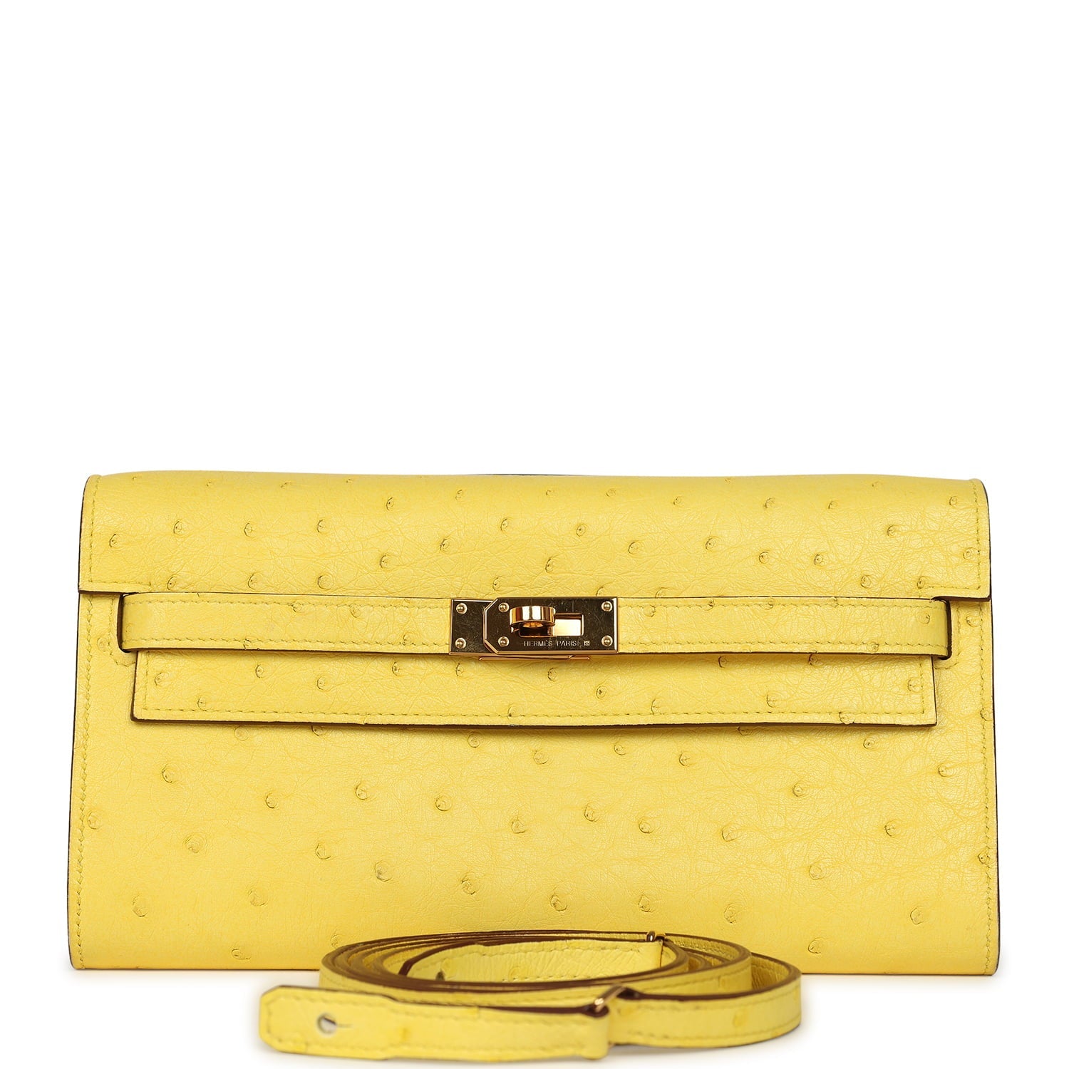 Pre-owned Hermes Kelly Wallet To Go Jaune Citron Ostrich Rose Gold Hardware