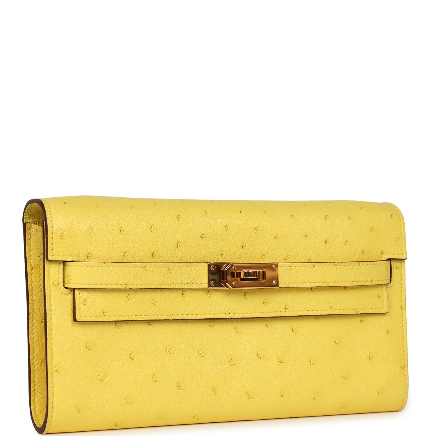 Pre-owned Hermes Kelly Wallet To Go Jaune Citron Ostrich Rose Gold Hardware