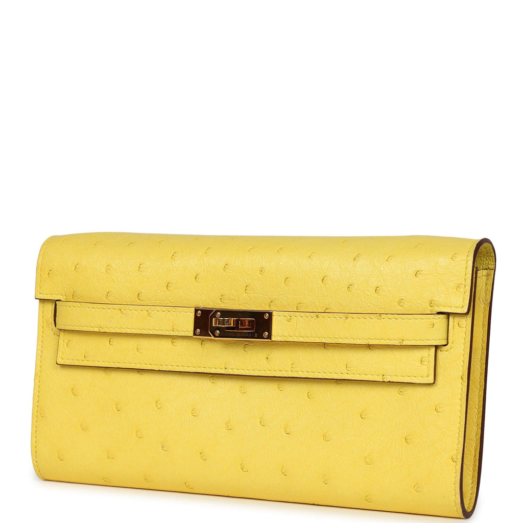 Pre-owned Hermes Kelly Wallet To Go Jaune Citron Ostrich Rose Gold Hardware