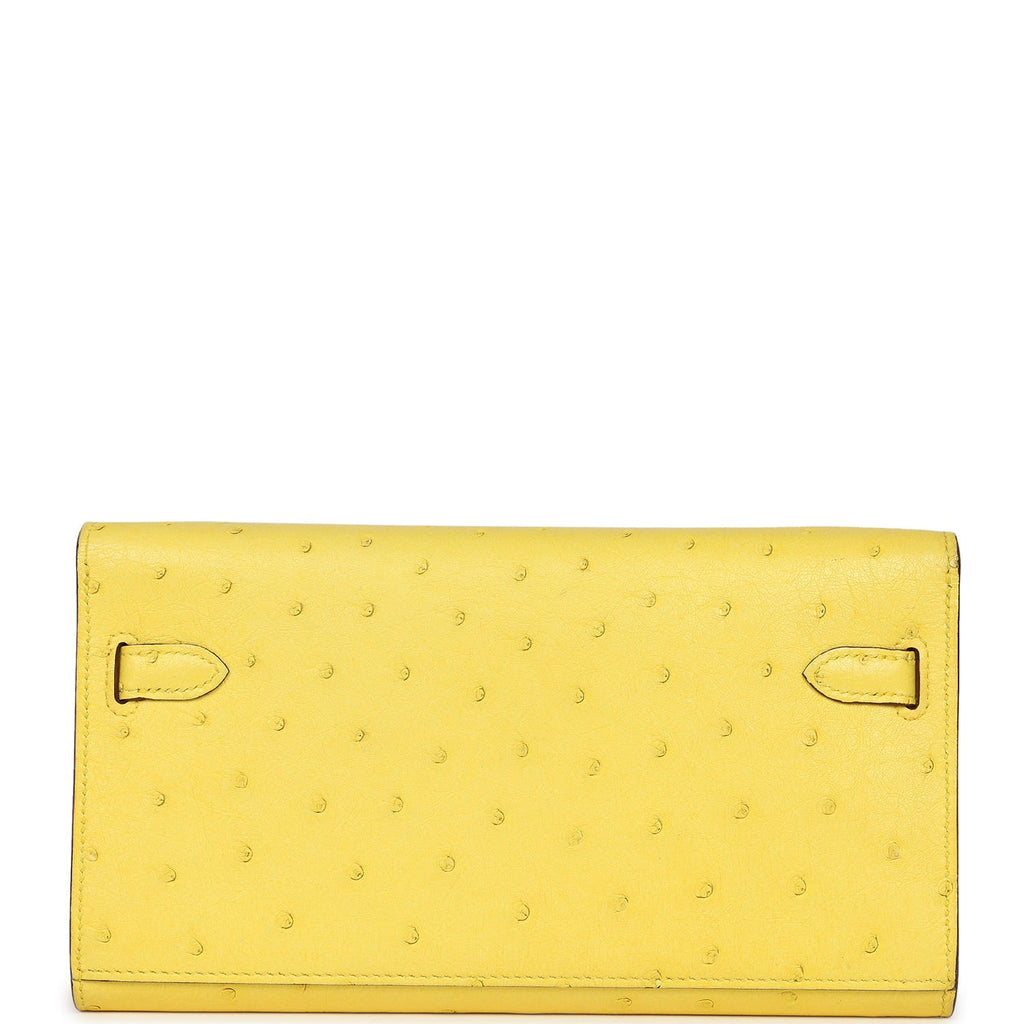 Pre-owned Hermes Kelly Wallet To Go Jaune Citron Ostrich Rose Gold Hardware