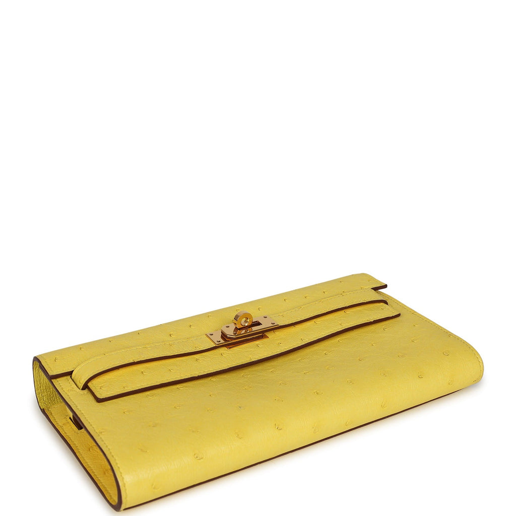 Pre-owned Hermes Kelly Wallet To Go Jaune Citron Ostrich Rose Gold Hardware