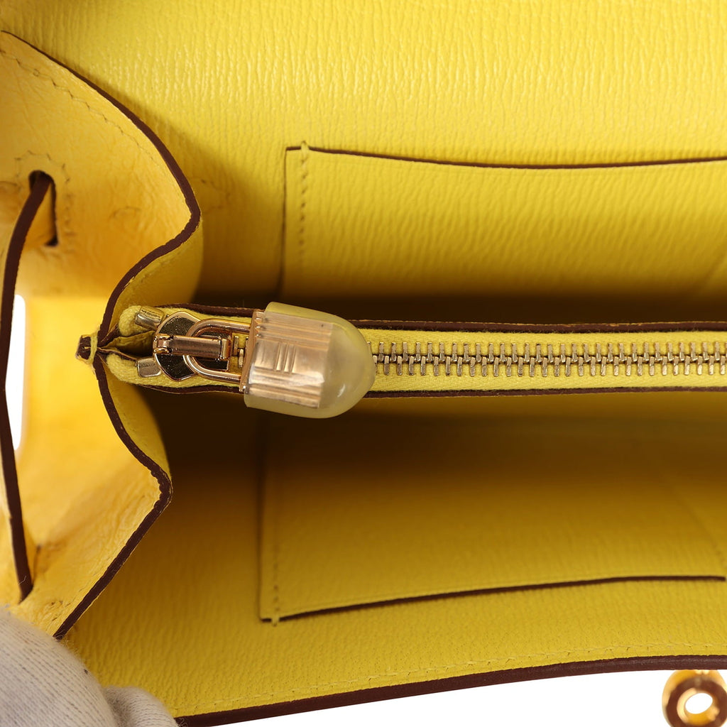 Pre-owned Hermes Kelly Wallet To Go Jaune Citron Ostrich Rose Gold Hardware