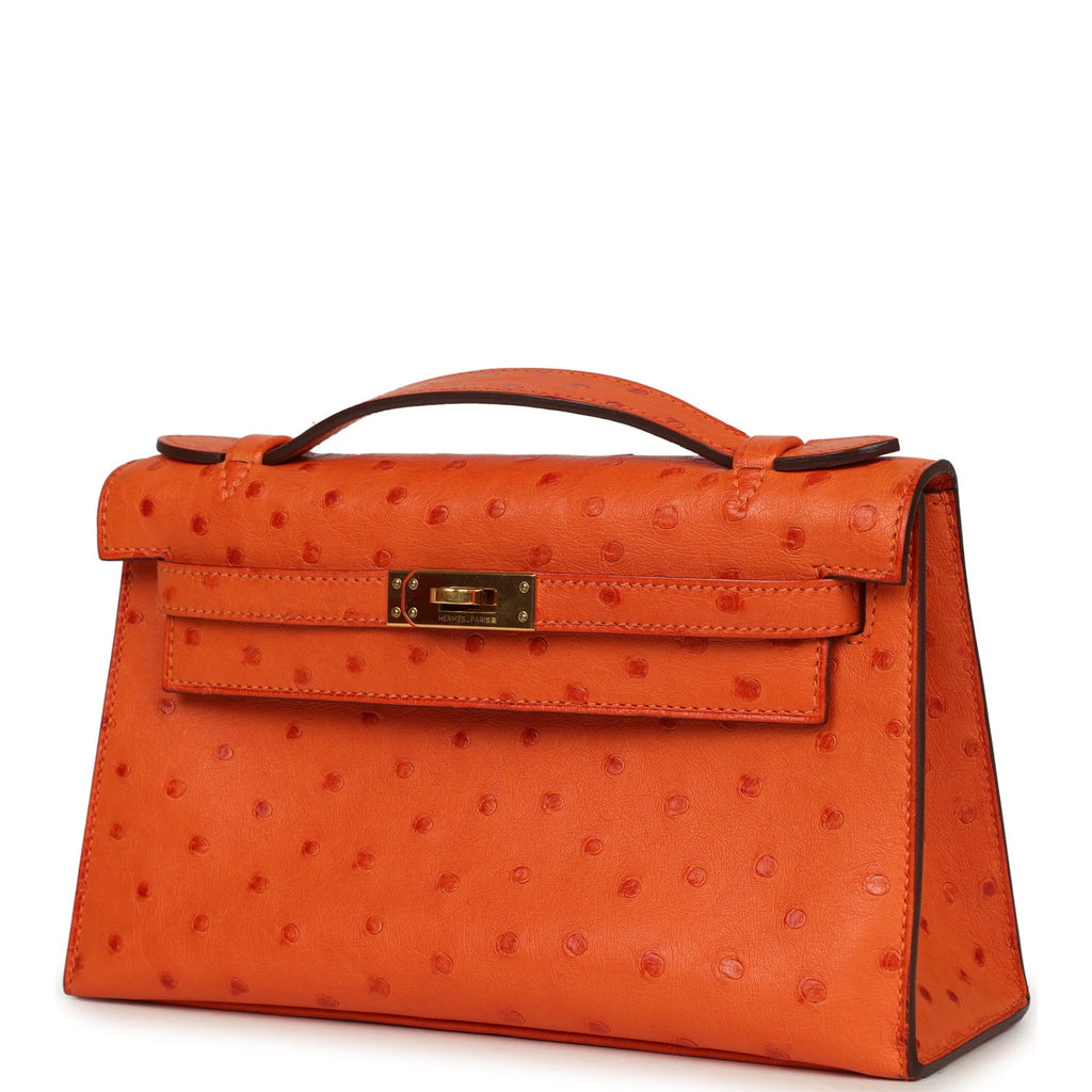 Pre-owned Hermes Kelly Pochette Tangerine Ostrich Gold Hardware