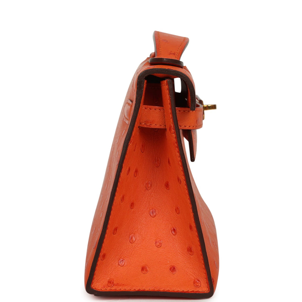 Pre-owned Hermes Kelly Pochette Tangerine Ostrich Gold Hardware