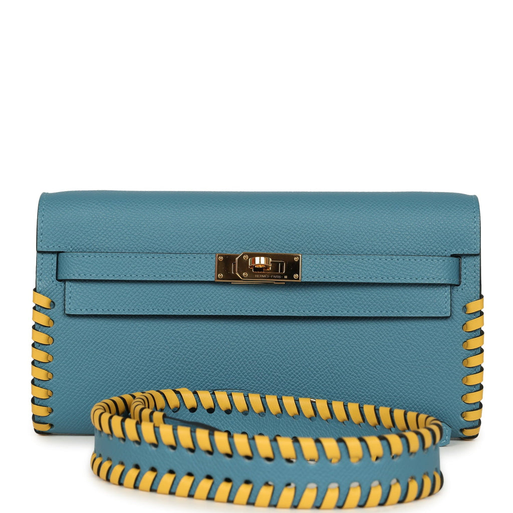 Pre-owned Hermes Kelly To Go Tressage Wallet Blue Jean Epsom and Sun Swift Gold Hardware