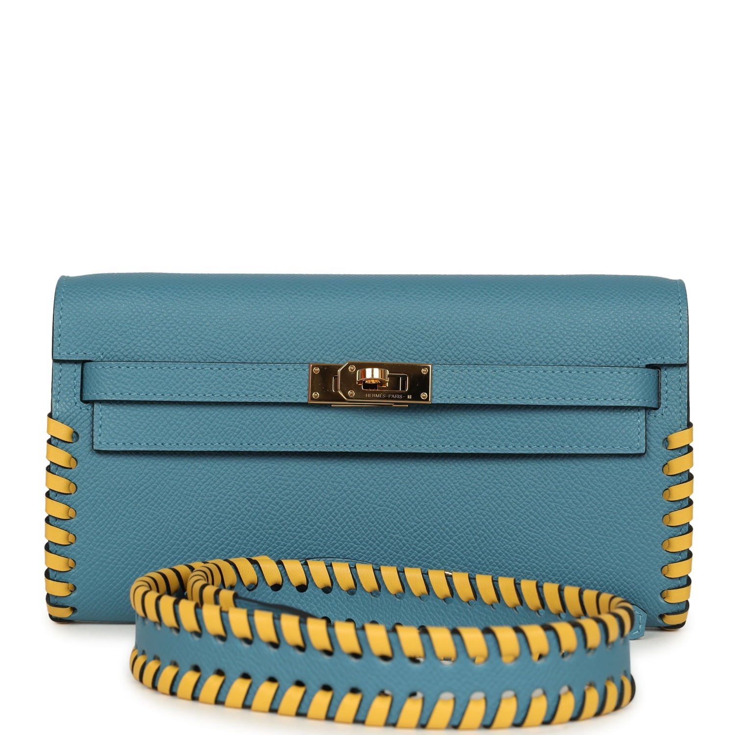 Pre-owned Hermes Kelly To Go Tressage Wallet Blue Jean Epsom and Sun Swift Gold Hardware