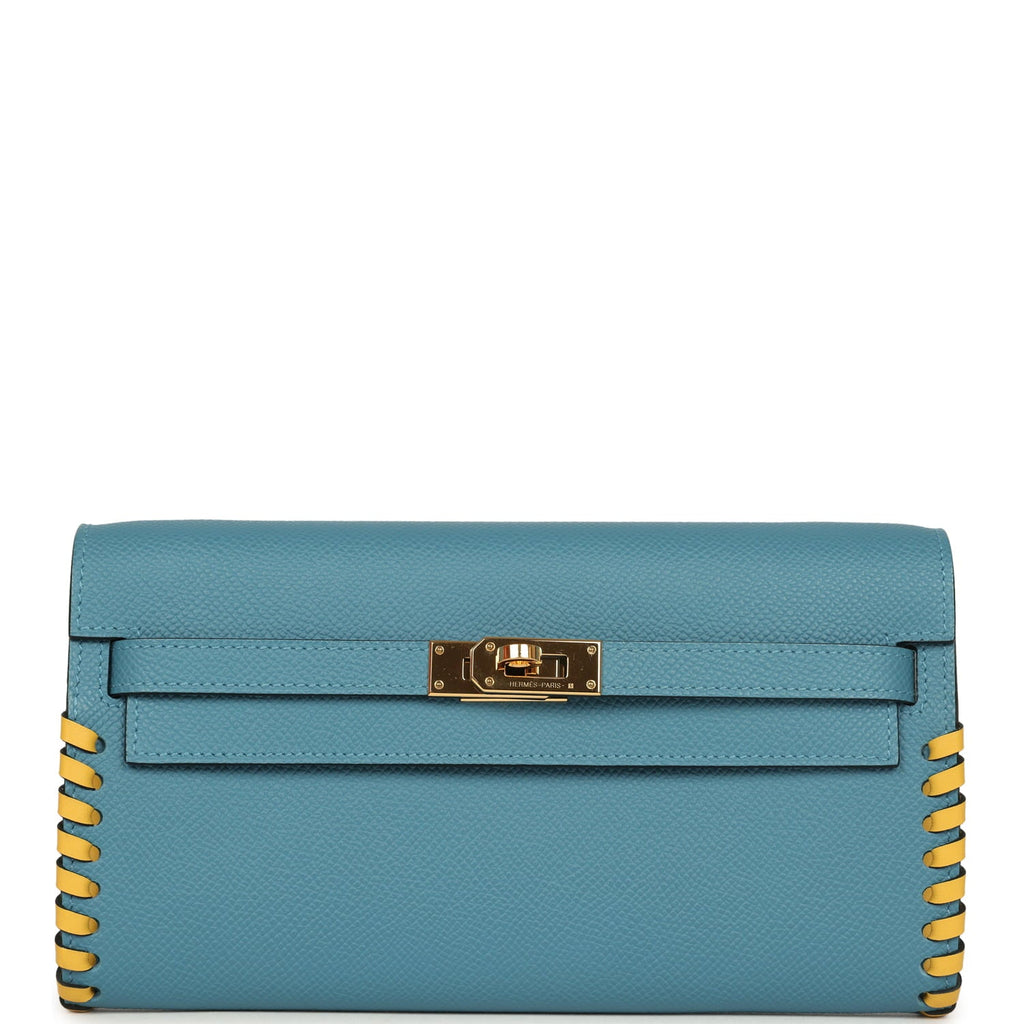 Pre-owned Hermes Kelly To Go Tressage Wallet Blue Jean Epsom and Sun Swift Gold Hardware