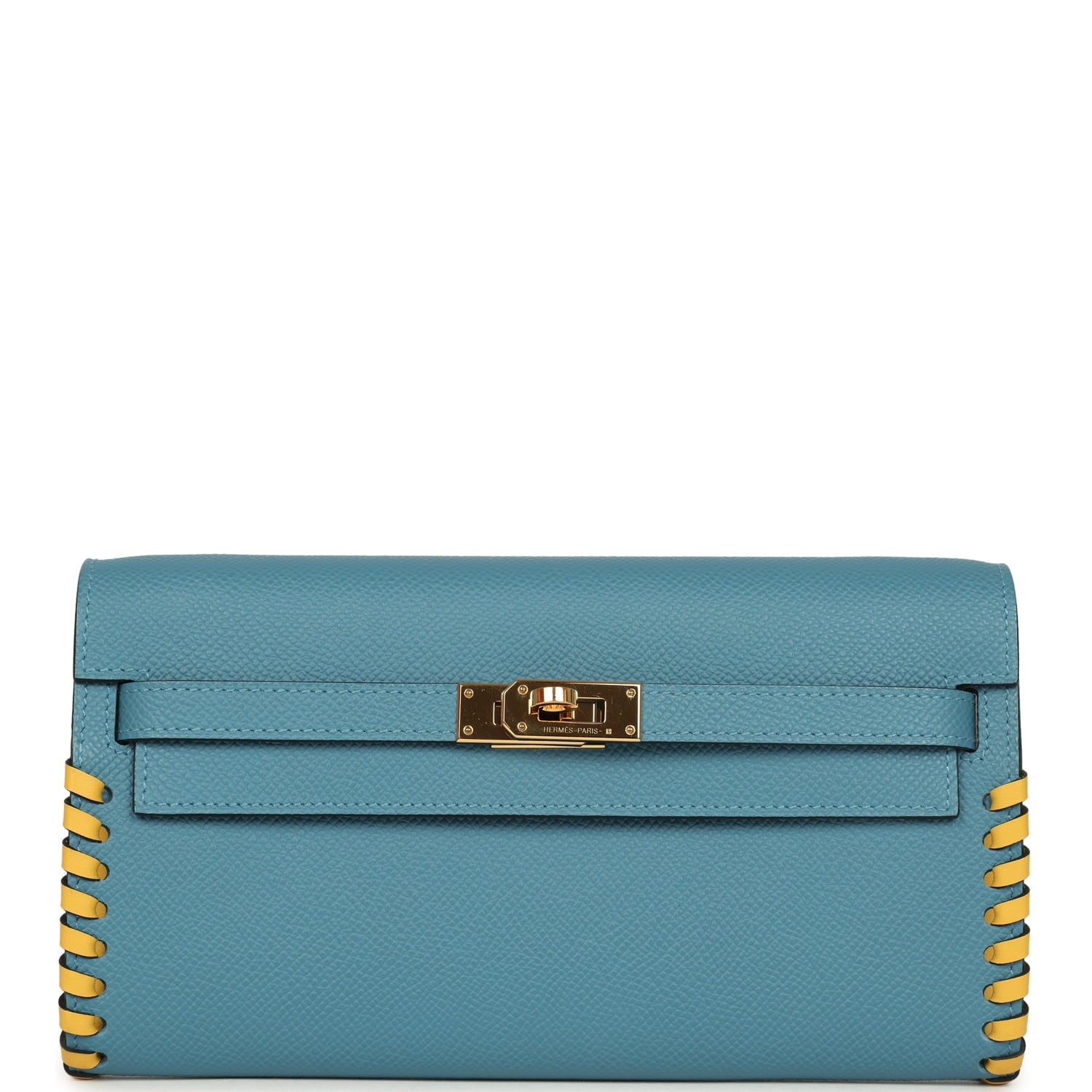 Pre-owned Hermes Kelly To Go Tressage Wallet Blue Jean Epsom and Sun Swift Gold Hardware