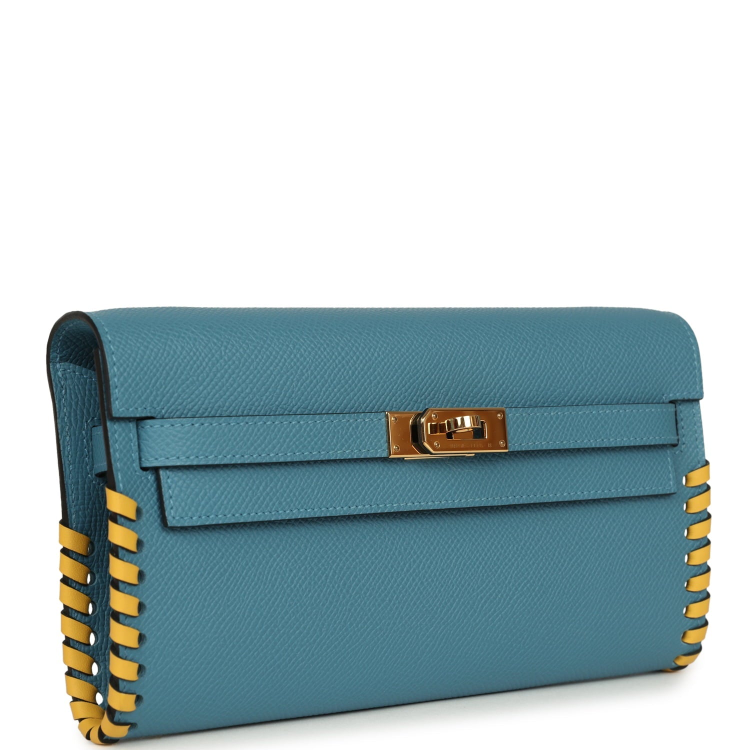 Pre-owned Hermes Kelly To Go Tressage Wallet Blue Jean Epsom and Sun Swift Gold Hardware