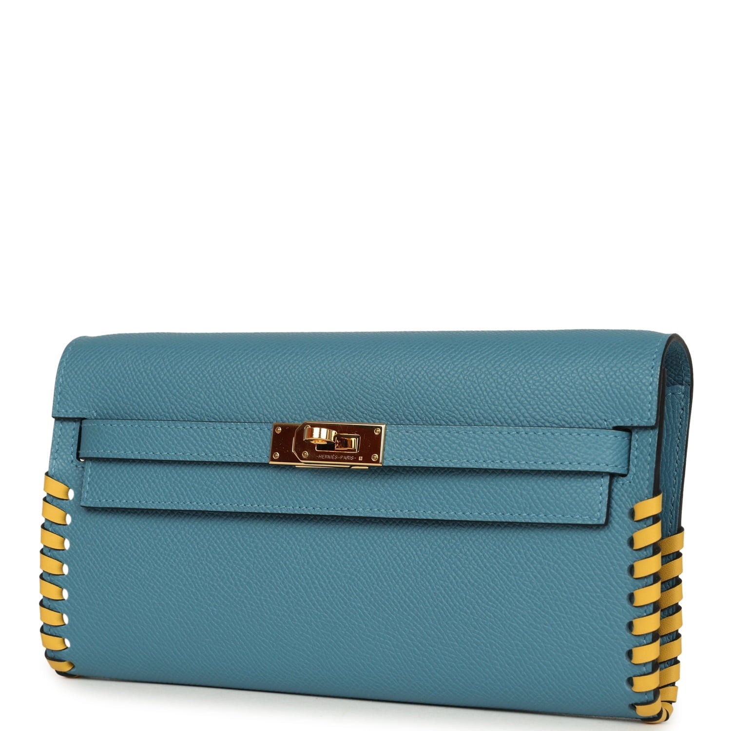 Pre-owned Hermes Kelly To Go Tressage Wallet Blue Jean Epsom and Sun Swift Gold Hardware