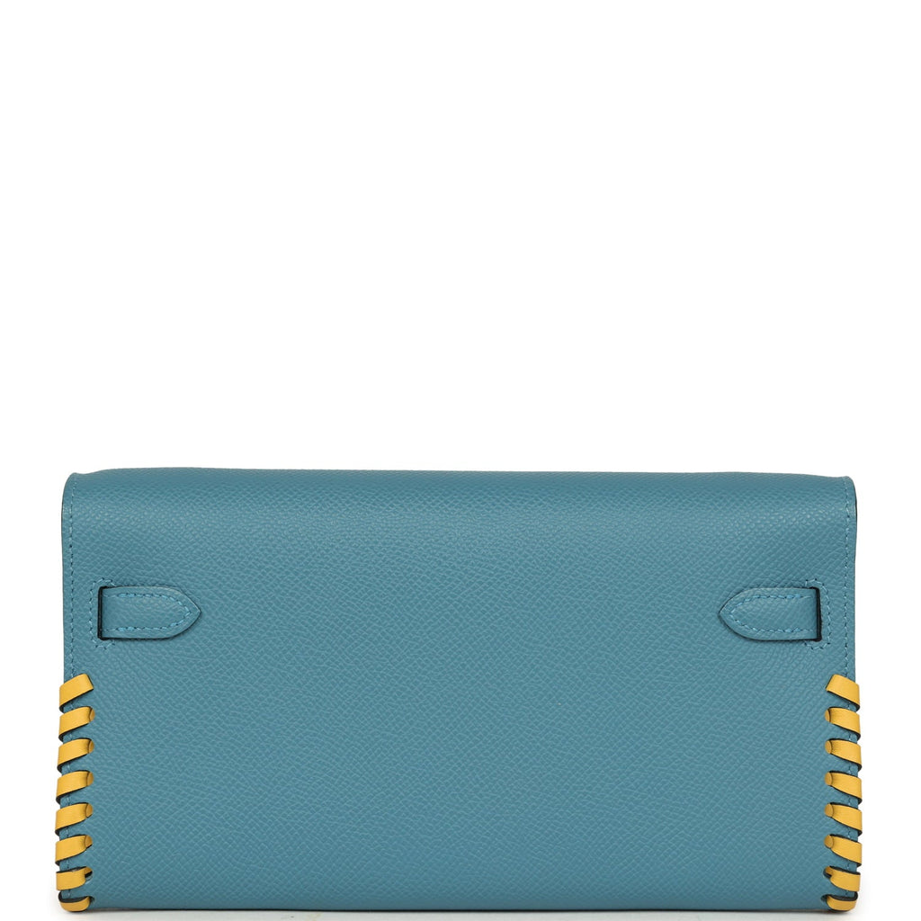 Pre-owned Hermes Kelly To Go Tressage Wallet Blue Jean Epsom and Sun Swift Gold Hardware