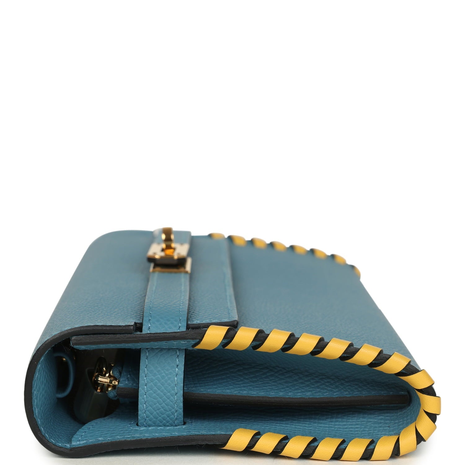 Pre-owned Hermes Kelly To Go Tressage Wallet Blue Jean Epsom and Sun Swift Gold Hardware