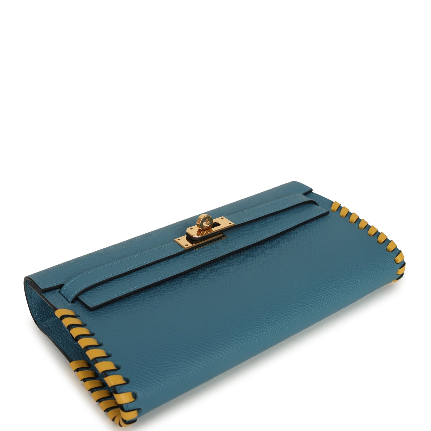 Pre-owned Hermes Kelly To Go Tressage Wallet Blue Jean Epsom and Sun Swift Gold Hardware