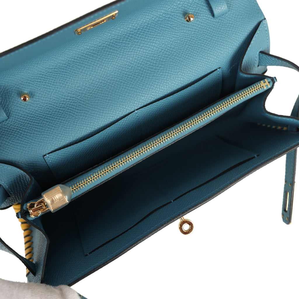 Pre-owned Hermes Kelly To Go Tressage Wallet Blue Jean Epsom and Sun Swift Gold Hardware