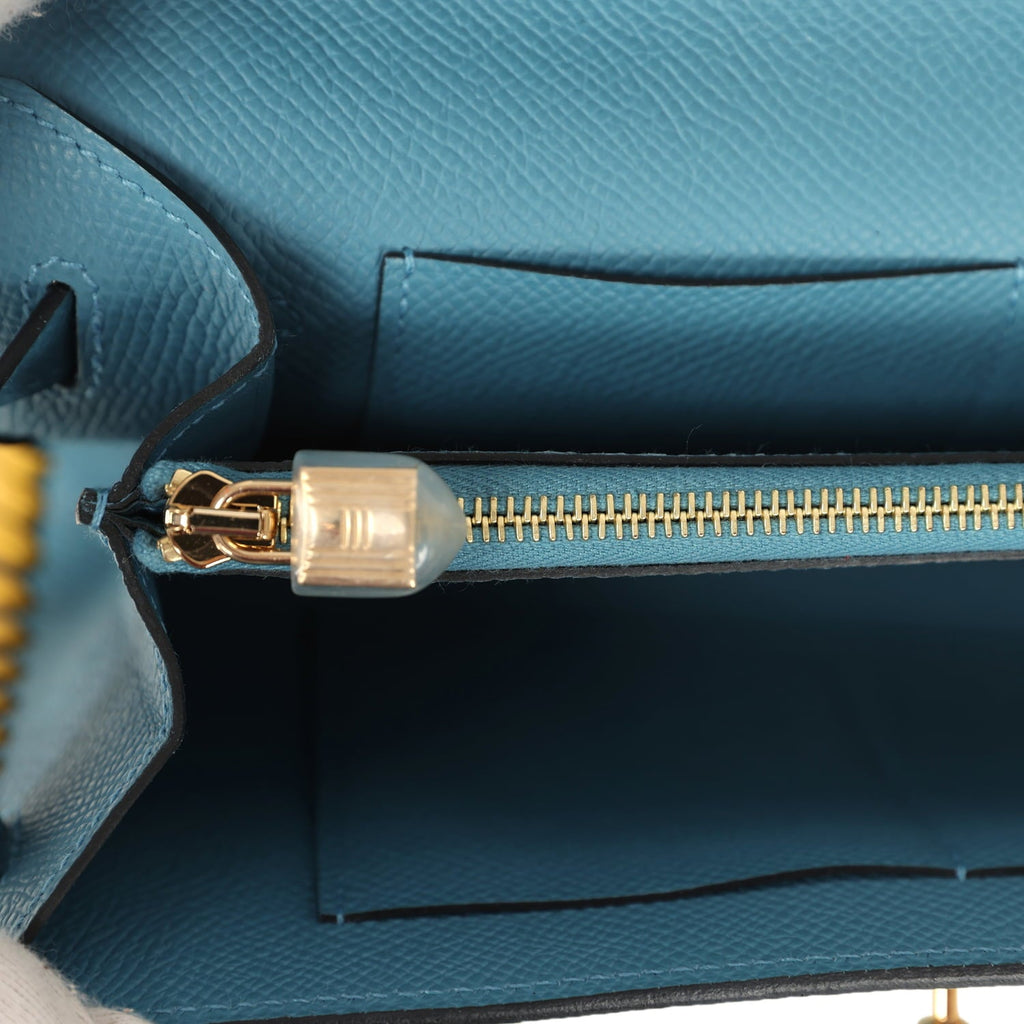 Pre-owned Hermes Kelly To Go Tressage Wallet Blue Jean Epsom and Sun Swift Gold Hardware