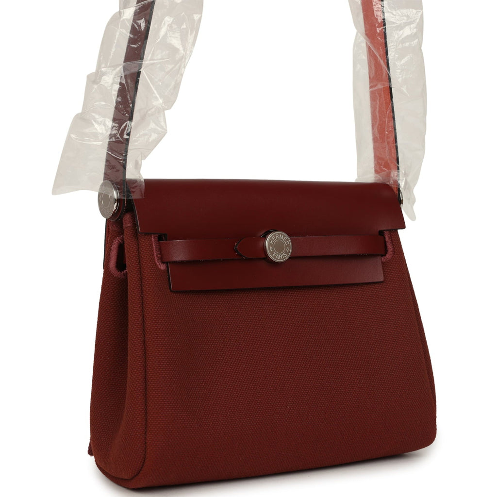 Hermes Herbag Zip 20 Mini Rouge H Toile Militaire Canvas and Vache Hunter Palladium Hardware