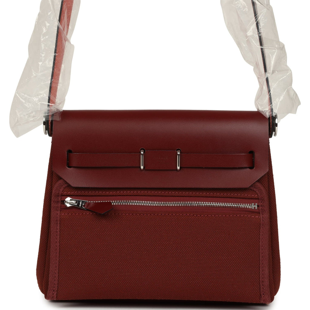 Hermes Herbag Zip 20 Mini Rouge H Toile Militaire Canvas and Vache Hunter Palladium Hardware
