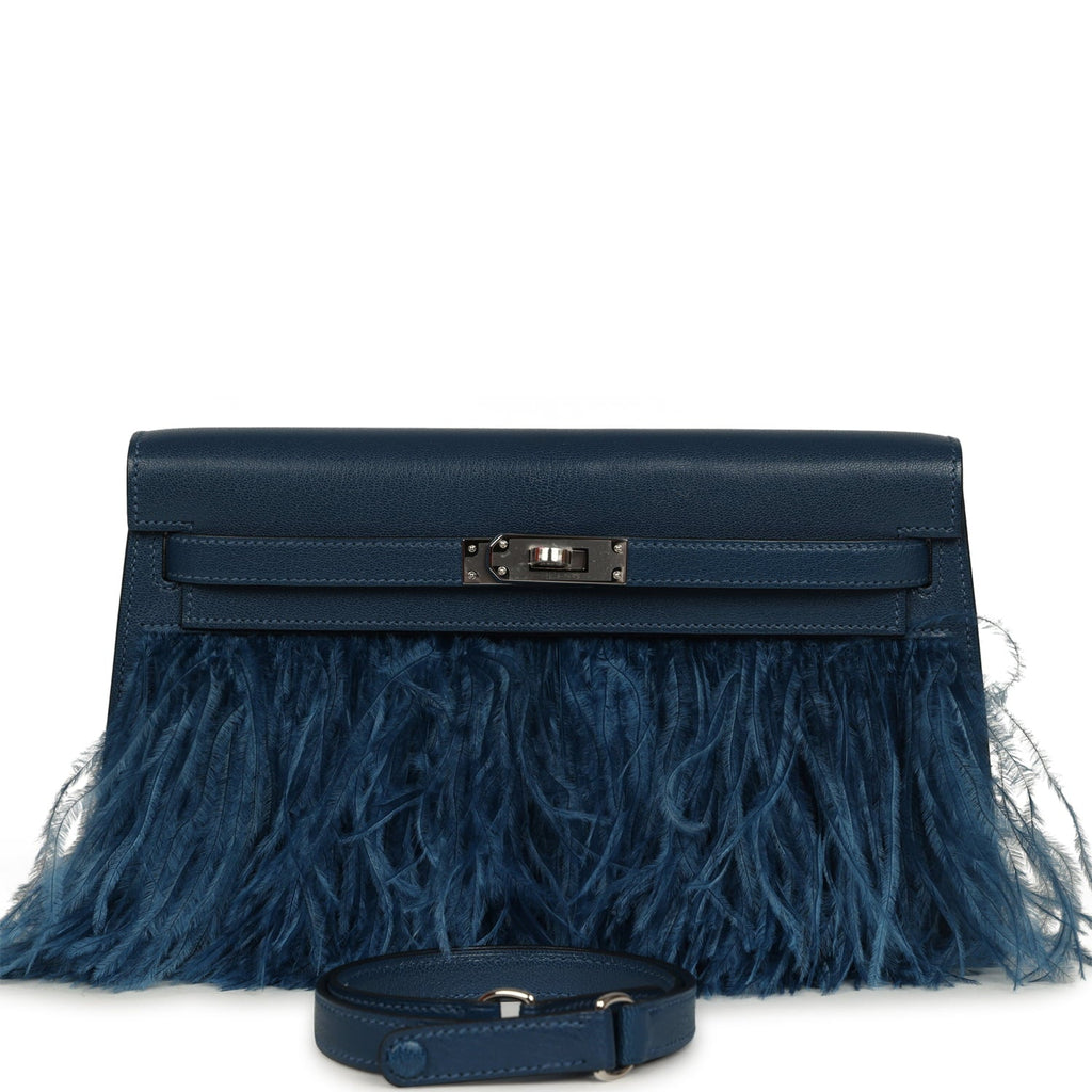 Hermes Kelly Elan Foile Deep Blue Chevre Chamkila and Ostrich Feathers Palladium Hardware