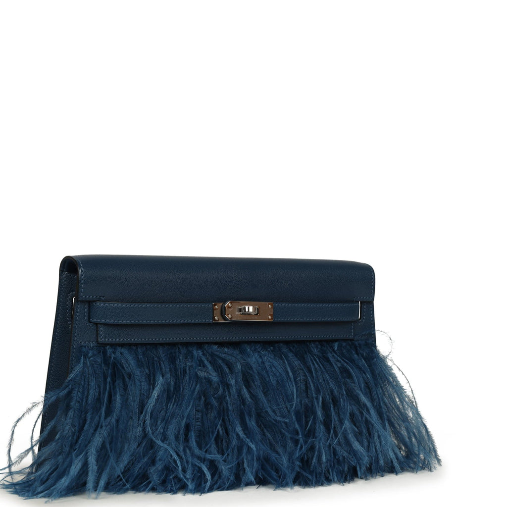 Hermes Kelly Elan Foile Deep Blue Chevre Chamkila and Ostrich Feathers Palladium Hardware