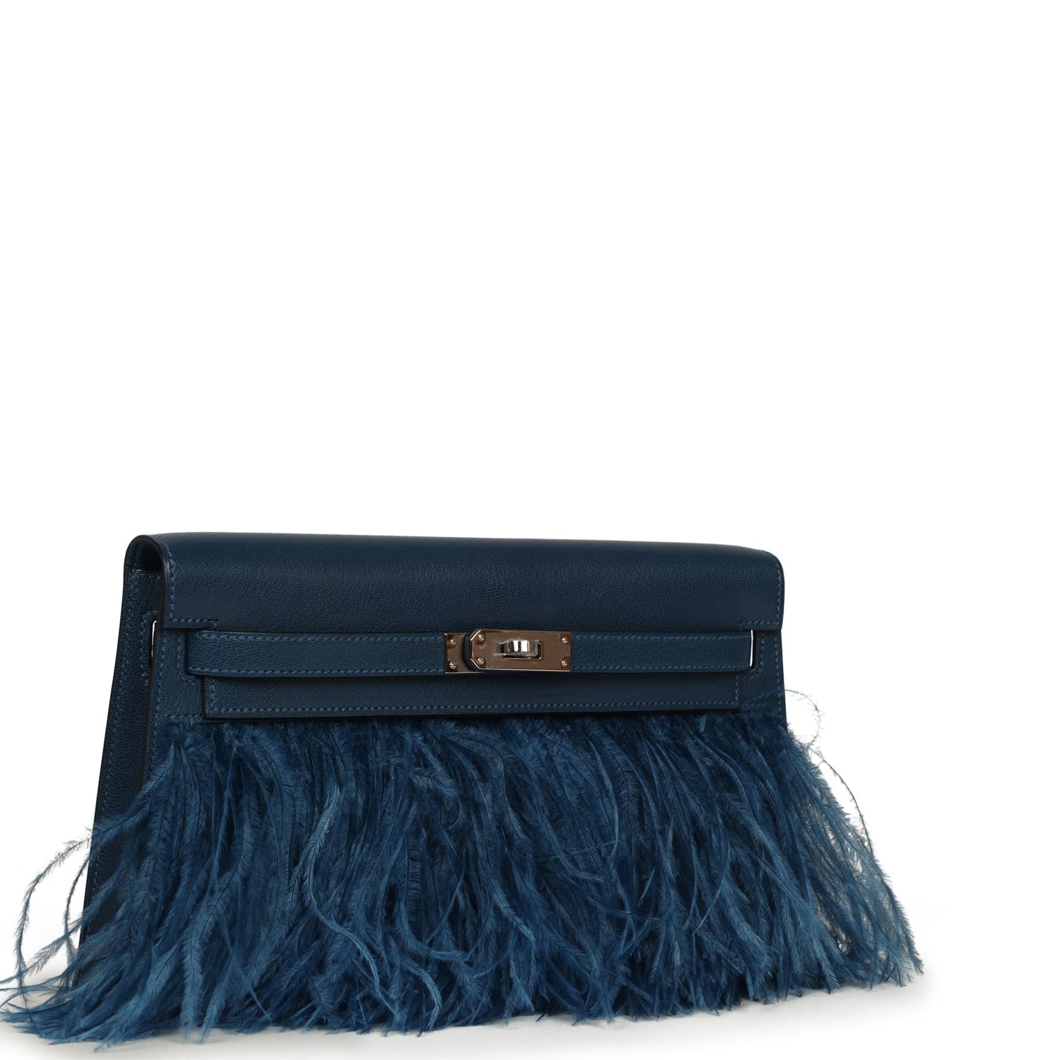 Hermes Kelly Elan Foile Deep Blue Chevre Chamkila and Ostrich Feathers Palladium Hardware