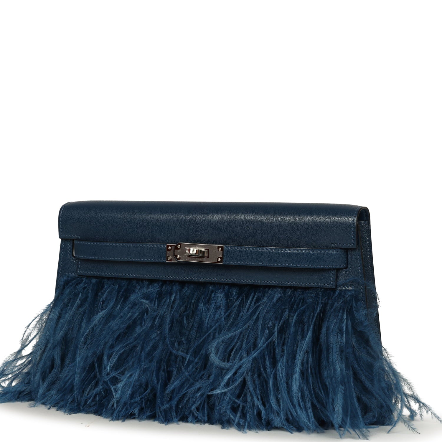 Hermes Kelly Elan Foile Deep Blue Chevre Chamkila and Ostrich Feathers Palladium Hardware