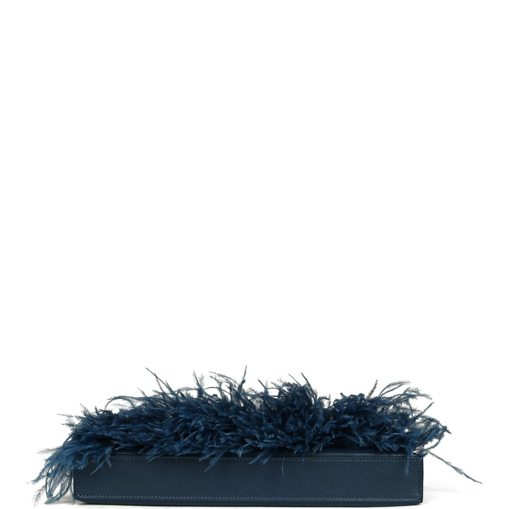 Hermes Kelly Elan Foile Deep Blue Chevre Chamkila and Ostrich Feathers Palladium Hardware