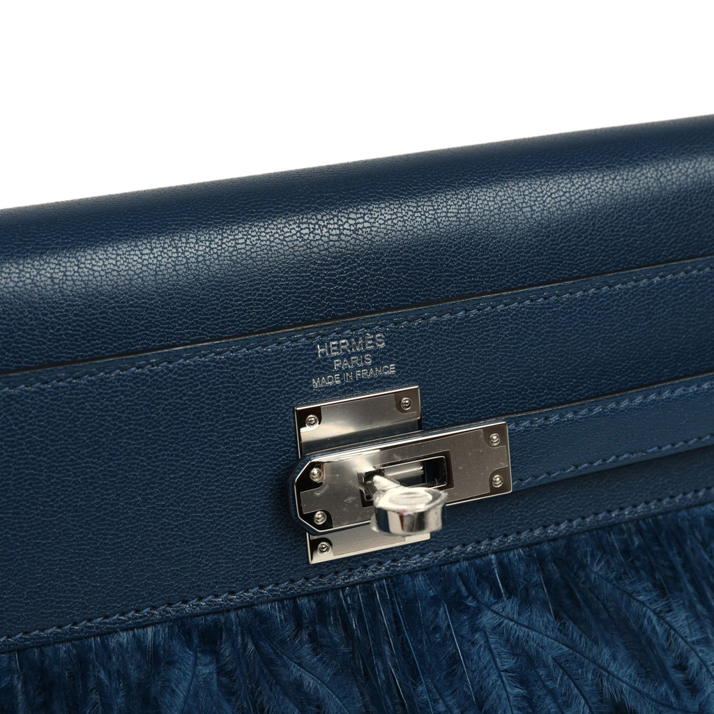 Hermes Kelly Elan Foile Deep Blue Chevre Chamkila and Ostrich Feathers Palladium Hardware