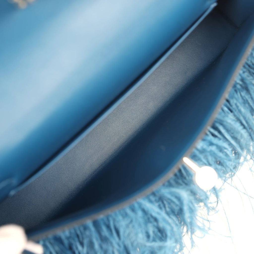 Hermes Kelly Elan Foile Deep Blue Chevre Chamkila and Ostrich Feathers Palladium Hardware