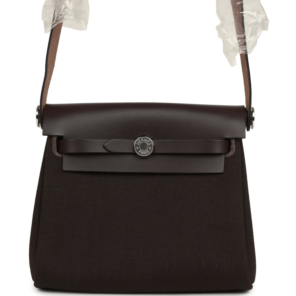 Hermes Herbag Zip 20 Mini Ebene Toile Militaire Canvas and Vache Hunter Palladium Hardware