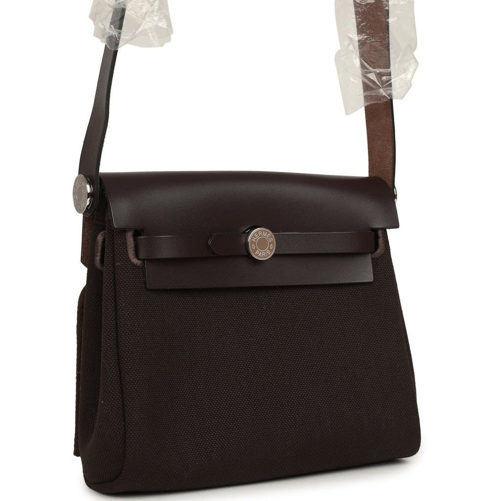 Hermes Herbag Zip 20 Mini Ebene Toile Militaire Canvas and Vache Hunter Palladium Hardware