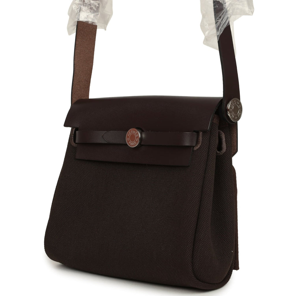 Hermes Herbag Zip 20 Mini Ebene Toile Militaire Canvas and Vache Hunter Palladium Hardware