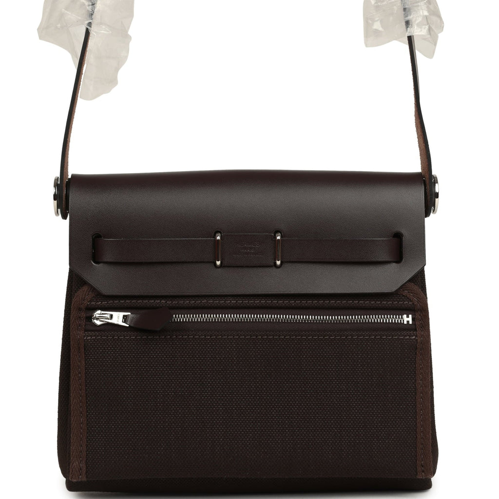 Hermes Herbag Zip 20 Mini Ebene Toile Militaire Canvas and Vache Hunter Palladium Hardware