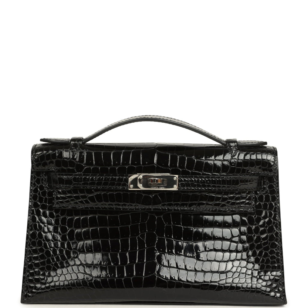 Pre-owned Hermes Kelly Pochette Black Shiny Porosus Crocodile Palladium Hardware