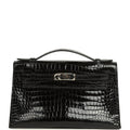 Pre-owned Hermes Kelly Pochette Black Shiny Porosus Crocodile Palladium Hardware
