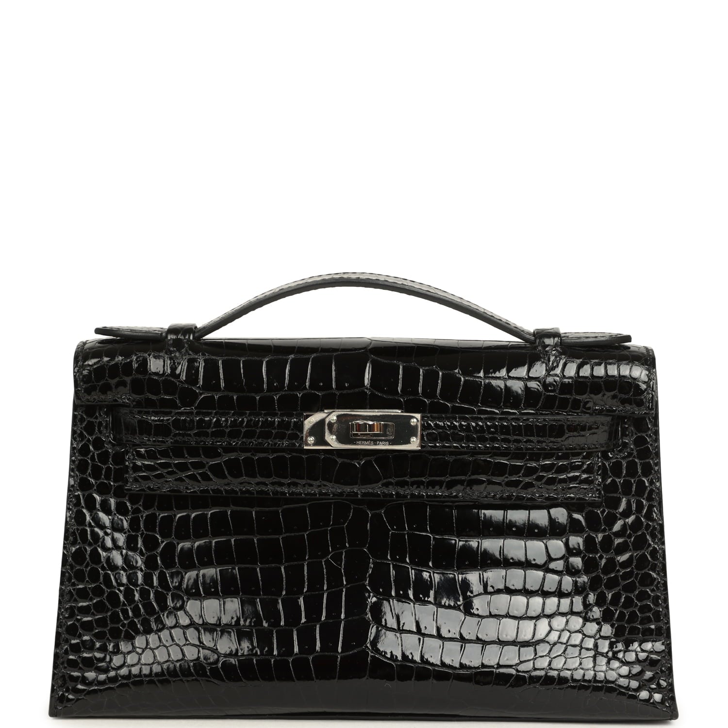 Pre-owned Hermes Kelly Pochette Black Shiny Porosus Crocodile Palladium Hardware