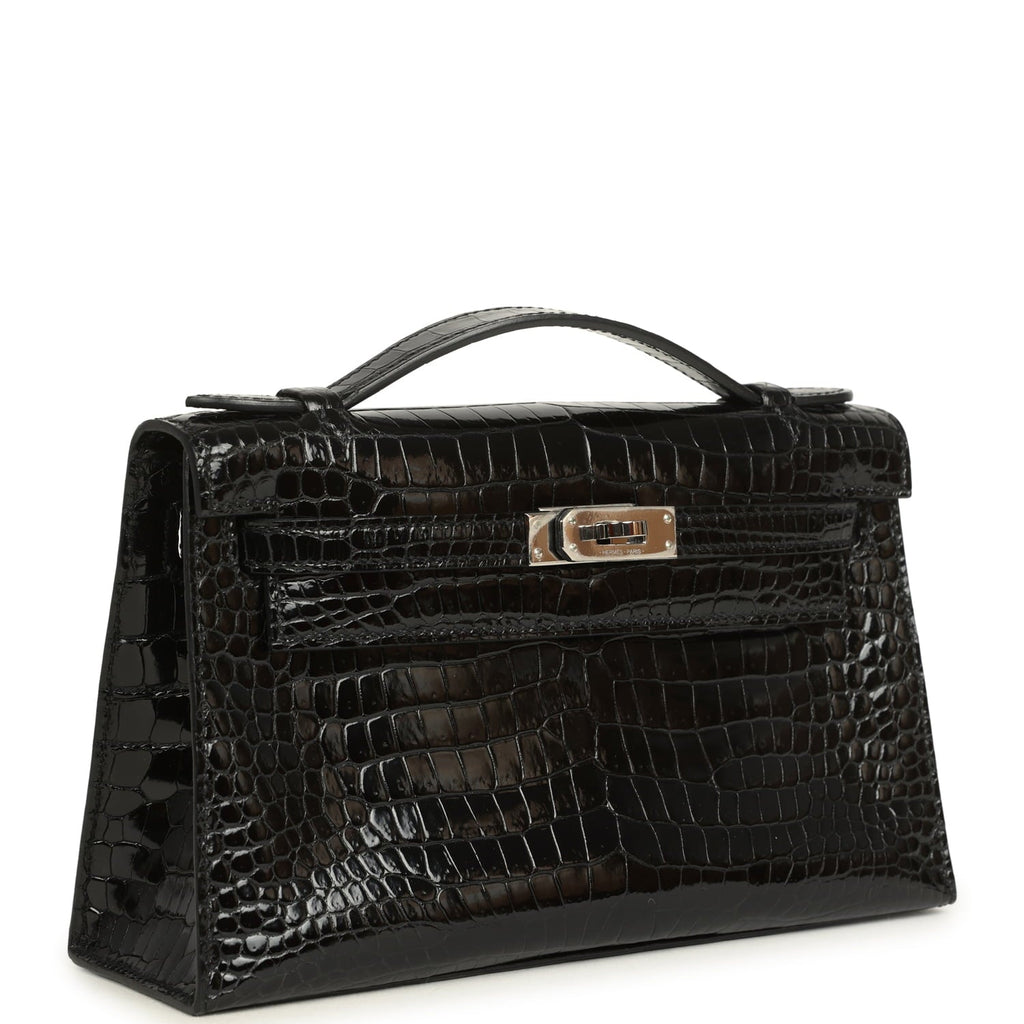 Pre-owned Hermes Kelly Pochette Black Shiny Porosus Crocodile Palladium Hardware