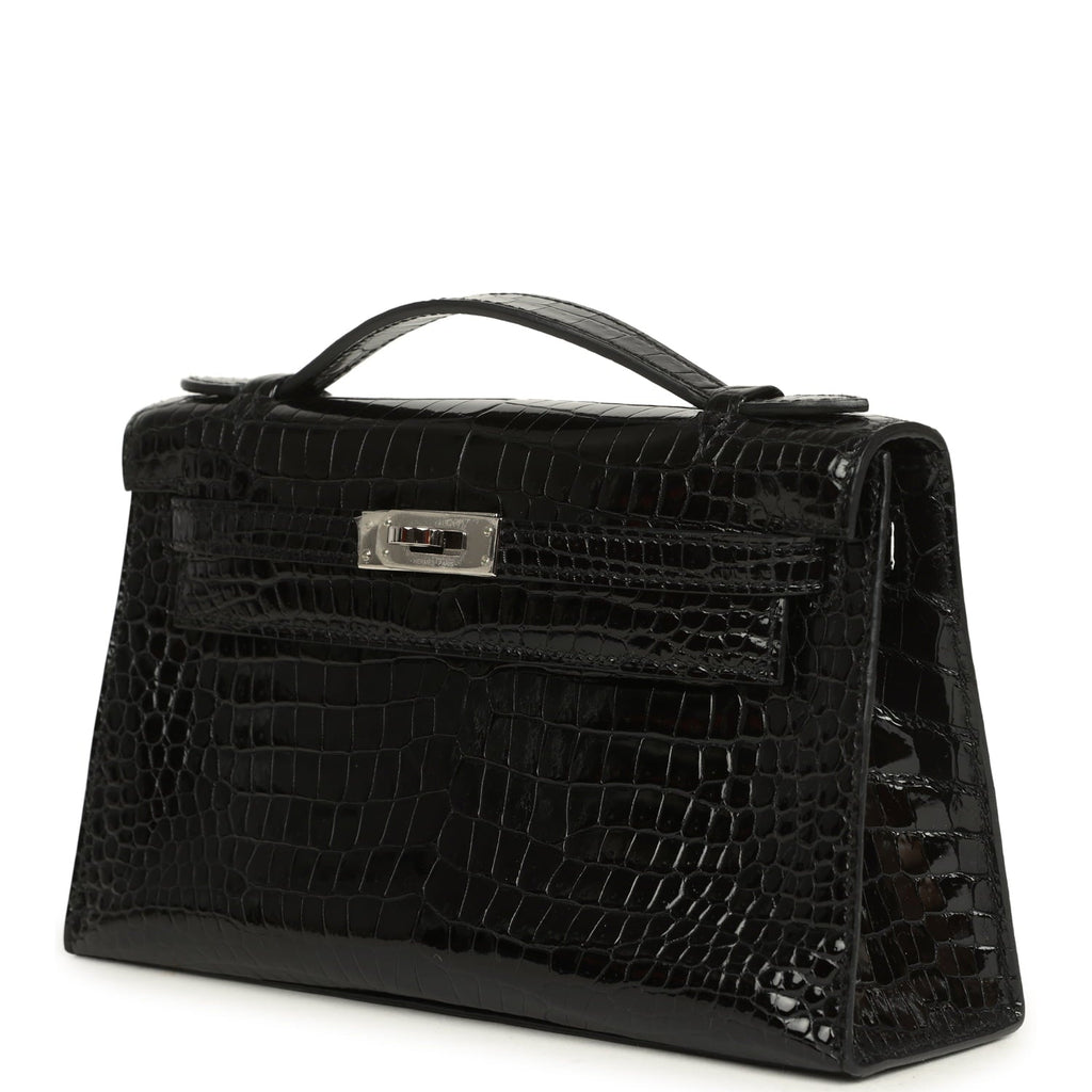 Pre-owned Hermes Kelly Pochette Black Shiny Porosus Crocodile Palladium Hardware