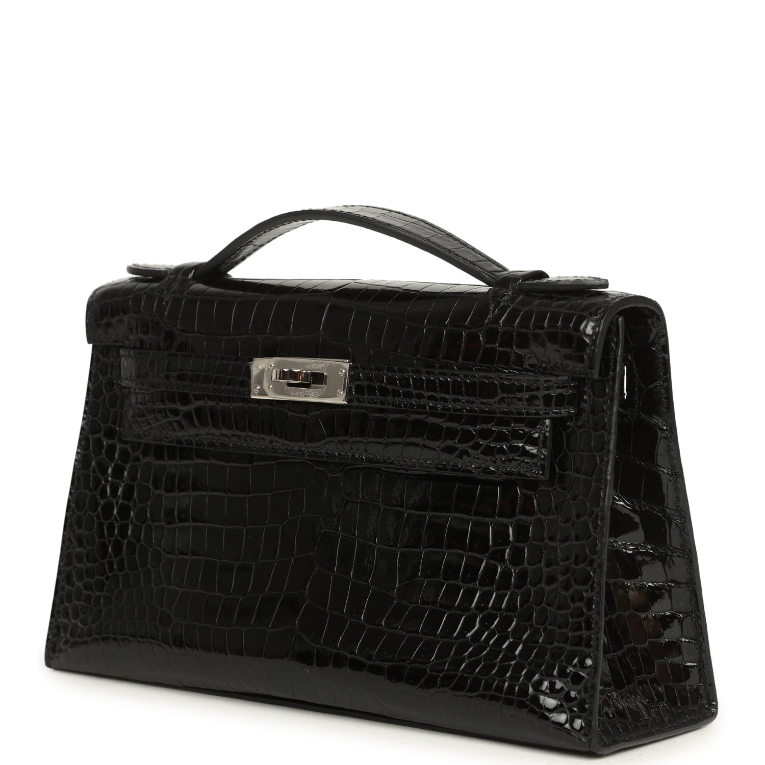 Pre-owned Hermes Kelly Pochette Black Shiny Porosus Crocodile Palladium Hardware