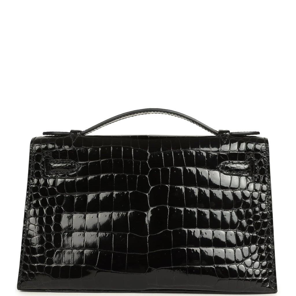 Pre-owned Hermes Kelly Pochette Black Shiny Porosus Crocodile Palladium Hardware