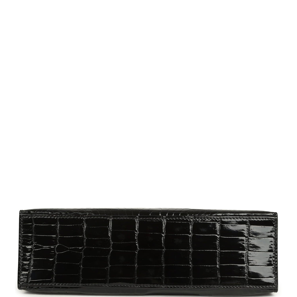 Pre-owned Hermes Kelly Pochette Black Shiny Porosus Crocodile Palladium Hardware