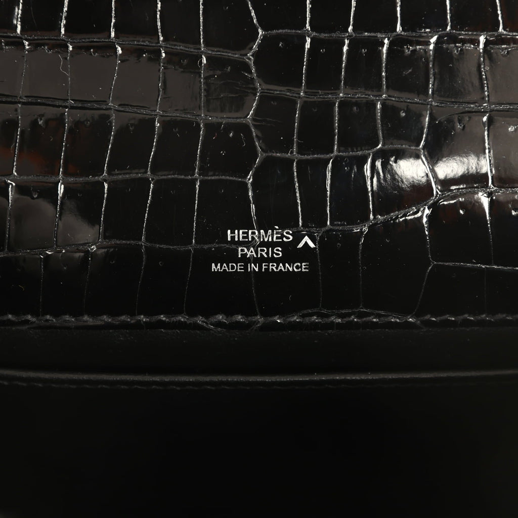 Pre-owned Hermes Kelly Pochette Black Shiny Porosus Crocodile Palladium Hardware