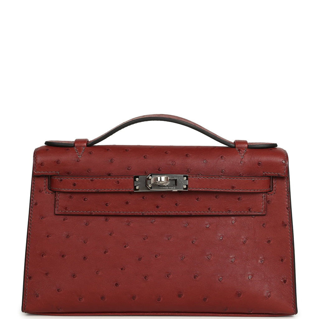 Hermes Kelly Pochette Rouge H Ostrich Palladium Hardware