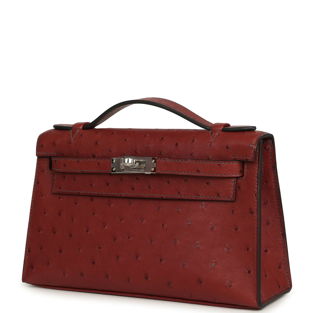 Hermes Kelly Pochette Rouge H Ostrich Palladium Hardware