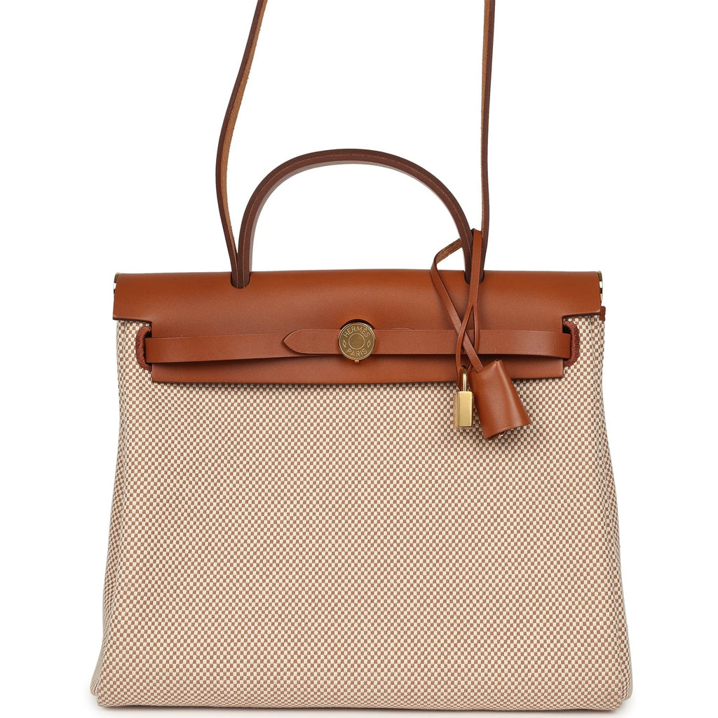 Hermes Herbag Zip PM 31 Fauve Vache Hunter and Ecru-Beige Criss Viking Canvas Gold Hardware